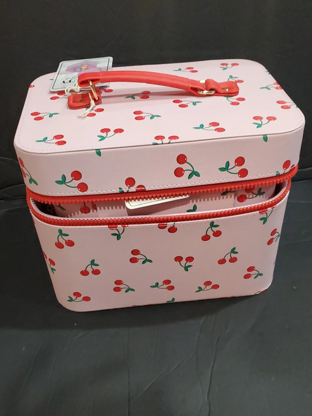 Cherry print pink makeup cosmetics large hard train case with cherry zip pull